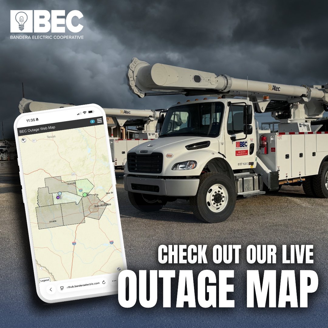 BanderaElectric's tweet photo. ⚡ Experiencing a power outage? Stay informed with BEC’s Real-Time Outage Map for live outage updates across our service area. View the map here: https://t.co/fIXeu0aJpt

#BEC #OutageMap #PowerUpdates #StayConnected https://t.co/Lbl0wZhnEm