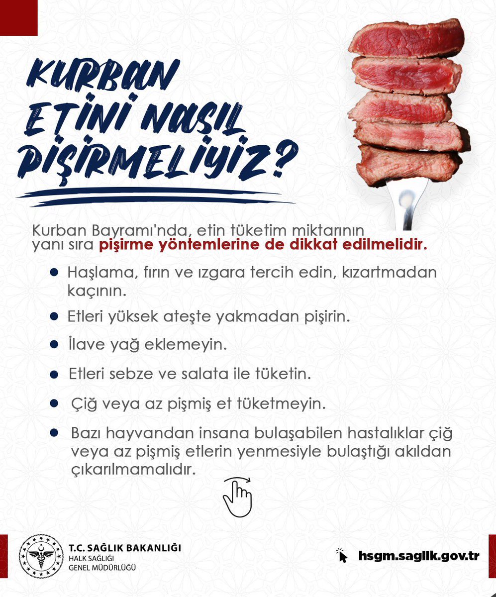 halksagligigm's tweet photo. Kurban Bayramı’nda paylaşmanın ve bereketin mutluluğunu yaşarken sağlıklı beslenmeyi de ihmal etmeyelim.
Et tüketiminde porsiyon kontrolüne dikkat ederek,sebze ve salata tüketimini artırarak bayramı daha sağlıklı geçirebiliriz.

Sağlıklı, huzurlu ve mutlu bir bayram dileriz.
 #KurbanBayramı
#SağlıklıBeslenme
#SağlıklıBayram
#BayramdaBeslenme
#SağlıklıYaşam