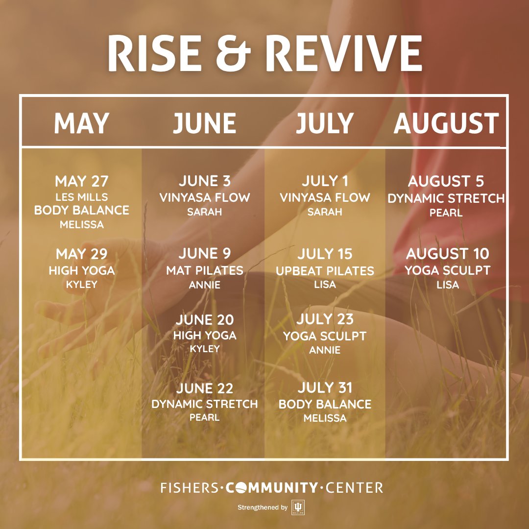 FishersComCtr's tweet photo. Join us May 27-Aug 10 for Rise &amp; Revive morning classes!

📍 FCC turf (rain location: Gym 3) - Located on NE side of FCC. Walk along the outside of the FCC toward the east side to the back corner until you reach the gate.
⏰ 6–6:50 AM
✔ Open to all (11+)
✔ No registration https://t.co/Lf7ZkNCmn3