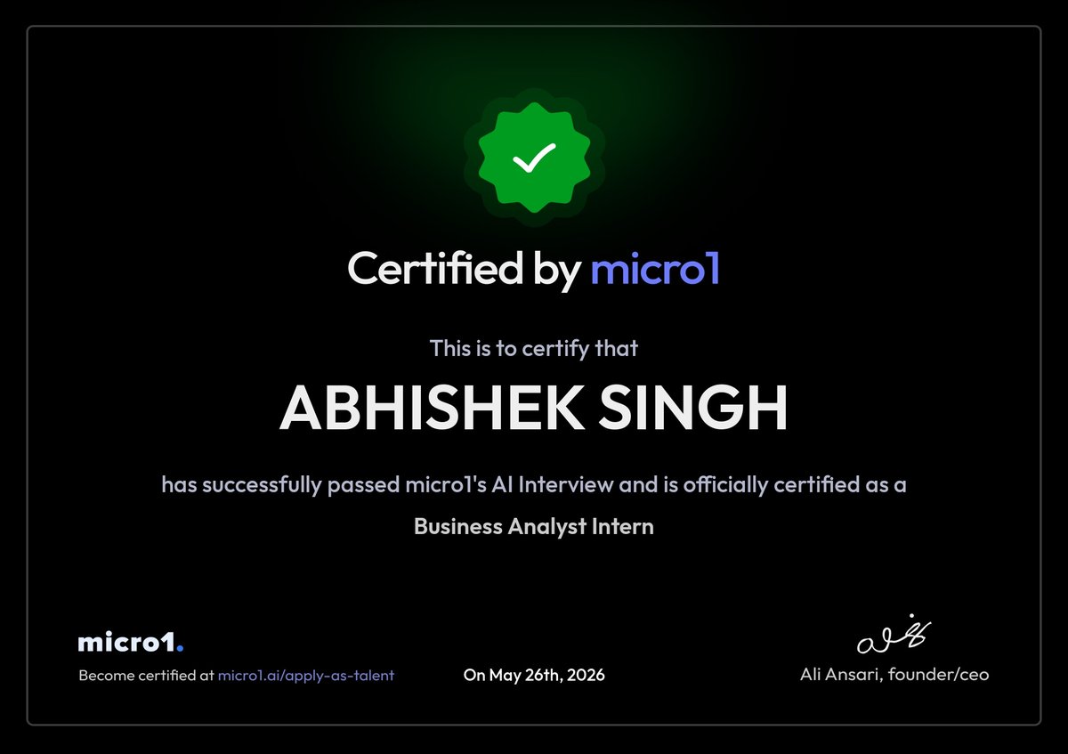 abhisheksngh's tweet photo. Excited to share that I’ve officially been certified as a Business Analyst Intern after successfully passing micro1’s AI Interview @micro1_ai 
#BusinessAnalyst #Internship #AI #micro1 #CareerGrowth #DataAnalytics #BusinessAnalysis #Students #Learning #OpenToWork #TechCareers #G https://t.co/7zjxfQdikv