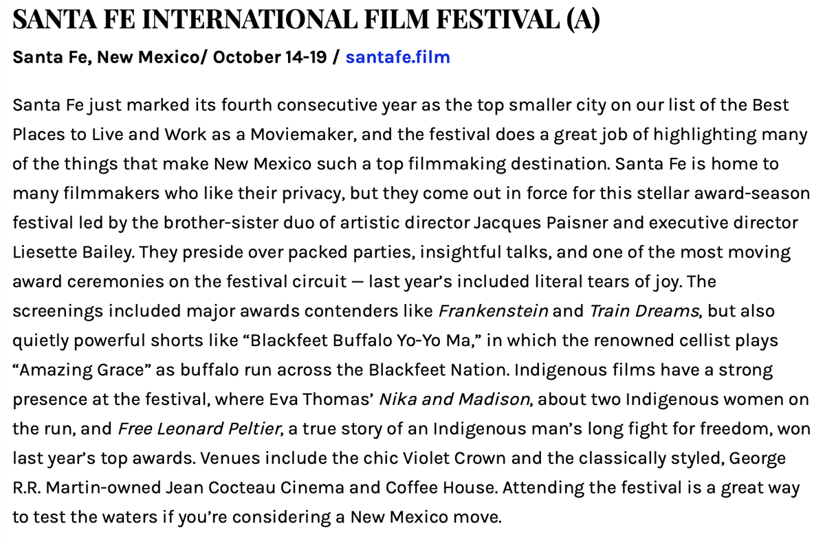 Filmsantafe's tweet photo. @SFIntlFilmFest is honored to be one of 50 Film Festivals Worth the Entry Fee again this year https://t.co/tX7YaFlKNd https://t.co/eiSLgqP9dx