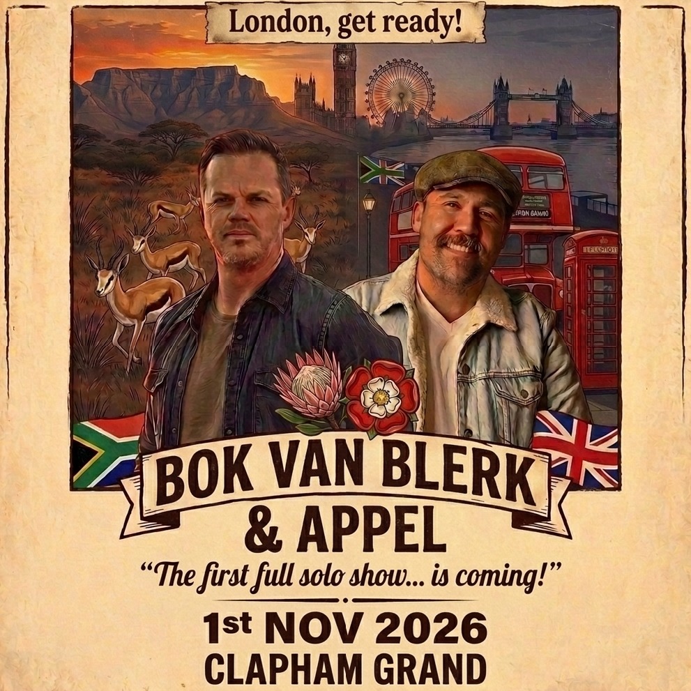 JanDeBacker9's tweet photo. 🔥 Bok van Blerk &amp; Appel kom LONDEN toe! 

Die grootste Afrikaner-party van die jaar in London! 

1 Nov 2026 

Klik “Geïnteresseerd” op die Facebook Event sodat jy niks mis nie 

Link in bio / onder 

Tag jou Saffa pelle!