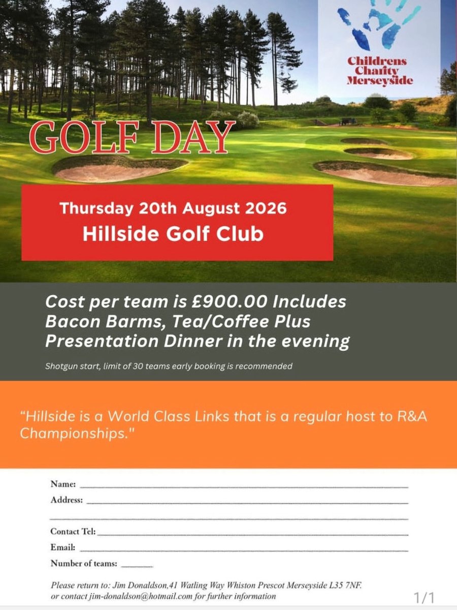 CCmerseyside's tweet photo. We have limited places available for our golf day that takes place at @Hillside_GC on the 20/08/26. To reserve your place contact Jim Donaldson on 07855 550705 https://t.co/DmWf2YQ9Is