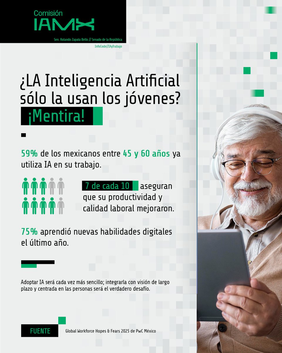 RolandoZapataB's tweet photo. La inteligencia artificial no es solo cosa de jóvenes. 👀

59% de los mexicanos entre 45 y 60 años ya utilizan #IA en su trabajo para mejorar su productividad y aprender nuevas habilidades.

🤖 Hoy el desafío no es si la vamos a usar, sino cómo aseguramos que su integración beneficie a las personas, al talento y al futuro del trabajo en México.