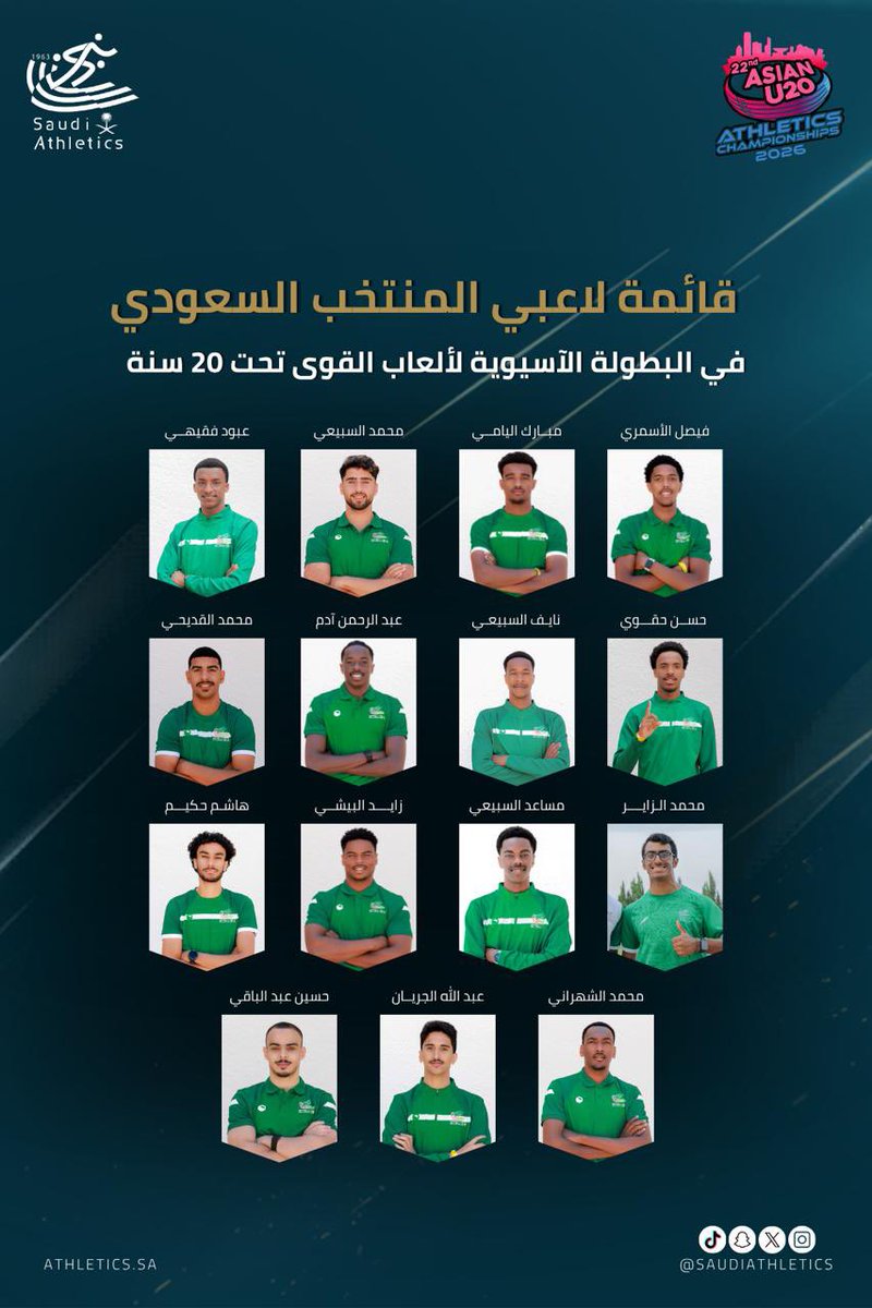saudiathletics's tweet photo. 🇸🇦 قائمة أبطال الأخضر المشاركة في البطولة الآسيوية لألعاب القوى تحت 20 سنة 2026 💚🏃‍♂️

كل التوفيق لأبطالنا في تقديم مستويات مشرّفة ورفع راية السعودية عاليًا 🇸🇦🔥

#ألعاب_القوى
#SaudiAthletics https://t.co/aLmlQhUUZ9