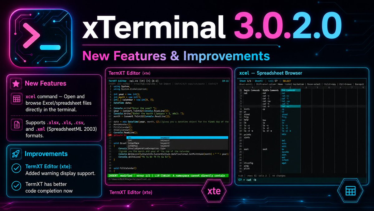 MrxCoding's tweet photo. xTerminal v3.0.2.0 is out now and has a new command, xcel, that can read/modify spreadsheet files and TermXT editor got faster and improved in code completion for C#. https://t.co/Cdy55CK9xD