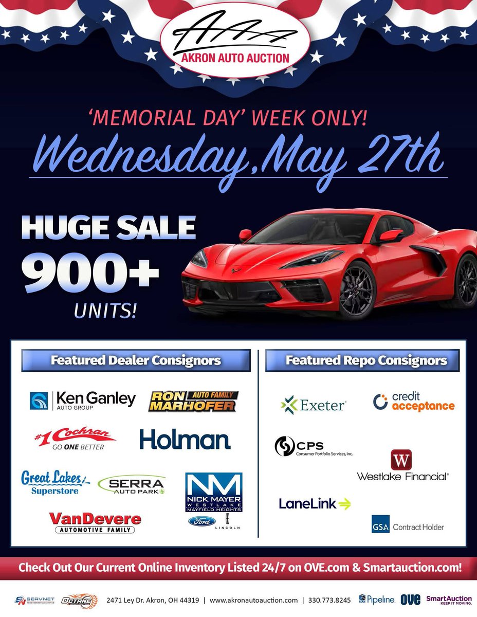 AkronAutoAuctio's tweet photo. 🇺🇸 Join us tomorrow (5/27) morning for a special WEDNESDAY sale @ Akron Auto Auction! Lanes begin at 8:30am! https://t.co/l0Z3RZbYnf

View this week's inventory and bid online on https://t.co/54R3IFrASR

#akronautoauction #memorialdaysale https://t.co/1wBZ7LeJDr