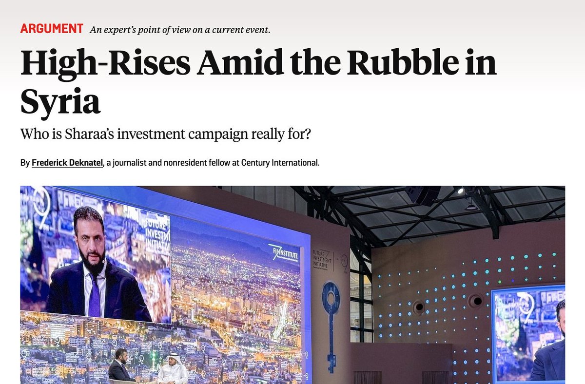 FreddyDeknatel's tweet photo. On the risks of Sharaa's reconstruction agenda in Syria fueling a new kind of crony capitalism — my recent piece for @ForeignPolicy:

https://t.co/9gPqUmTH1h https://t.co/QGCypweQmL