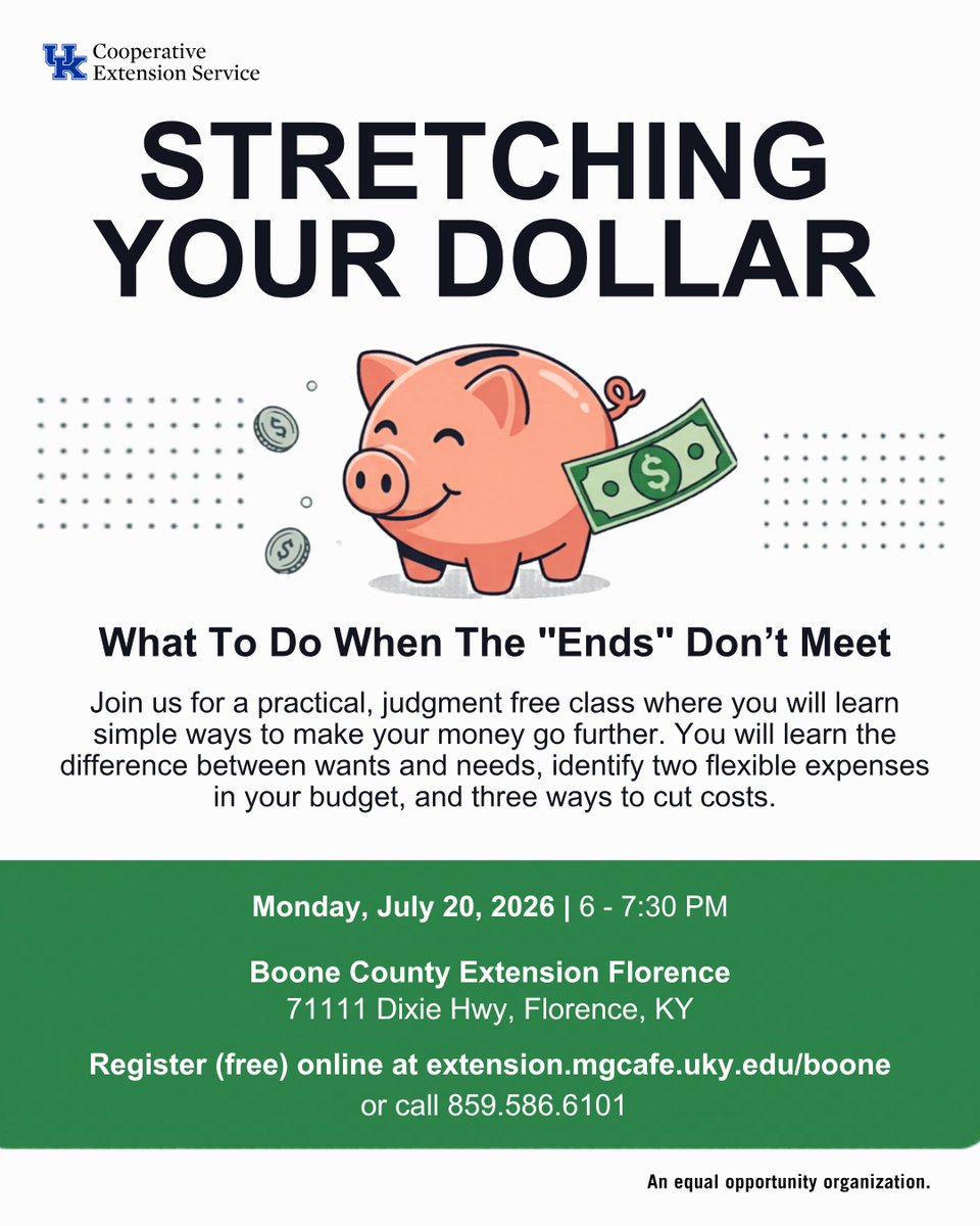 BooneKYExt's tweet photo. Register (for free) online at: https://t.co/df1gEsPov9

Feeling stressed about money? The price of everything have you down? You are not alone. Join us for a practical, judgement free class where you will learn simple ways to make you money go further. https://t.co/eS7QNCdtCq