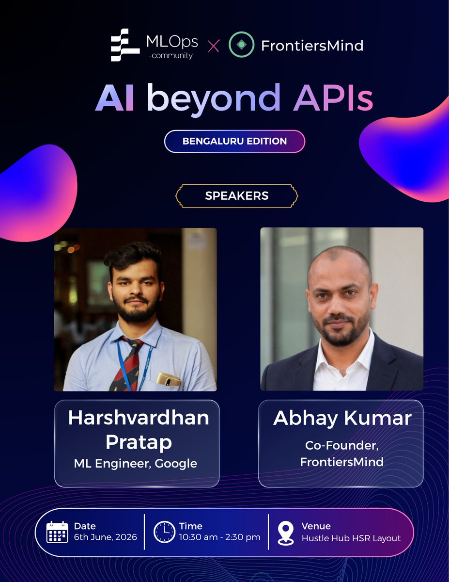 FrontiersMind's tweet photo. Join us as Harshvardhan Pratap &amp; Abhay Kumar  dive into the future of AI &amp; Core Concepts !!   

Building beyond just APIs !!

Register here: https://t.co/p5qymRQsKv https://t.co/D83EzinsRY