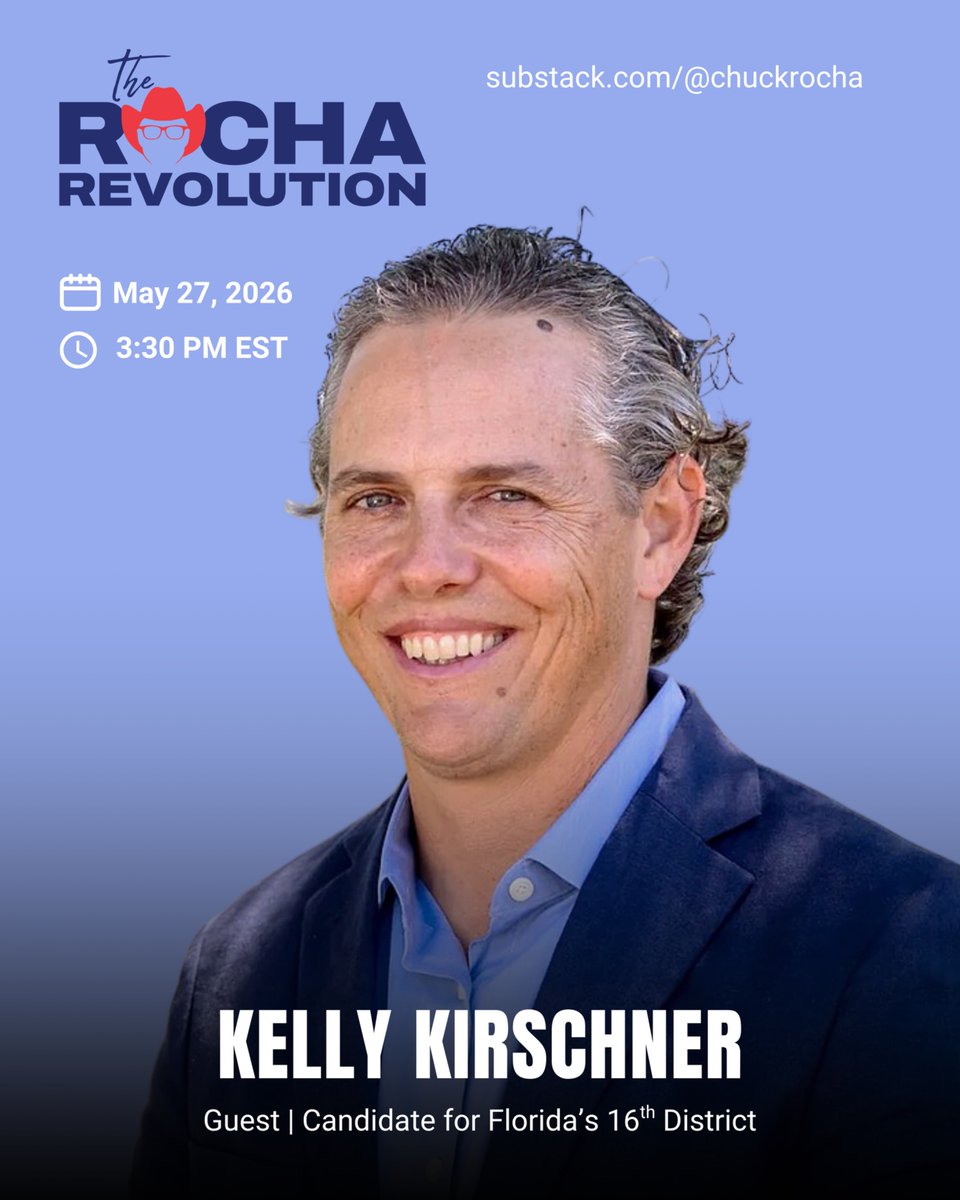 SolidarityLLC's tweet photo. Join @ChuckRocha tomorrow at 3:30 PM EST, with @KellyKirschner, Dem. candidate for FL-16.

A former Sarasota mayor, Peace Corps volunteer, and bilingual nonprofit leader, Kelly joins me to talk Florida gerrymandering, Latino voter shifts, and the future of Florida Politics. https://t.co/6JwqzY1un6