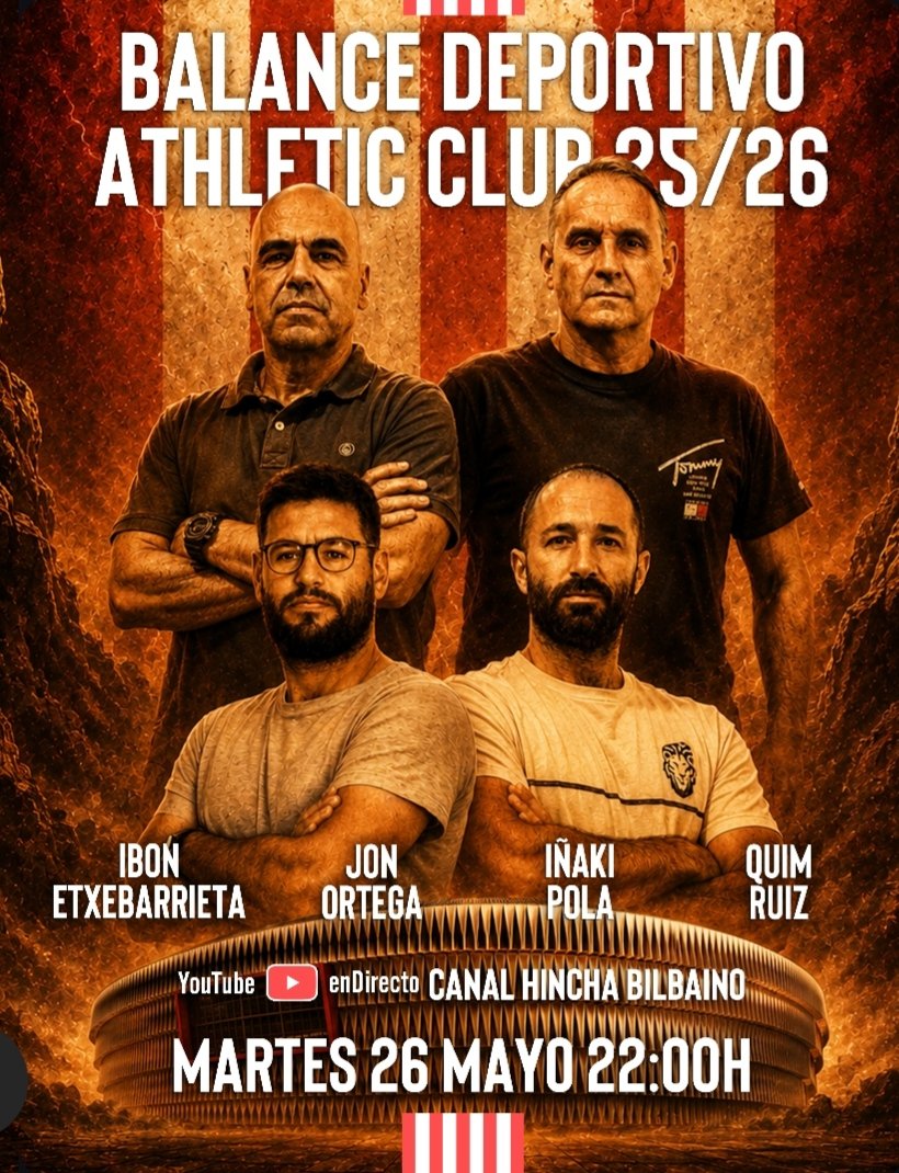 HinchaBilbaino's tweet photo. ‼️ATENCIÓN‼️ Ya estamos emitiendo EN DIRECTO la tertulia zurigorri "Balance deportivo @AthleticClub 2025/26". Os dejamos en compañía de @ietxeba68, @ortegabilbao, @InakiPola y @QuimRuizZorita. Vuestro es el enlace: https://t.co/g4iJpL7GAw. Gracias, BBNN y #AupaAthletic https://t.co/png6dHMxK0