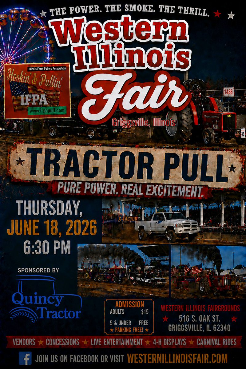 WesternILFair's tweet photo. We’re excited to welcome the IFPA Truck and Tractor Pull to the Western Illinois Fair on Thursday, June 18! Hear the roar of the engines and watch as everyone looks to take their hook for the FULL PULL! 

Our truck and tractor pull is brought to you by Quincy Tractor. https://t.co/KoBszSVxb5