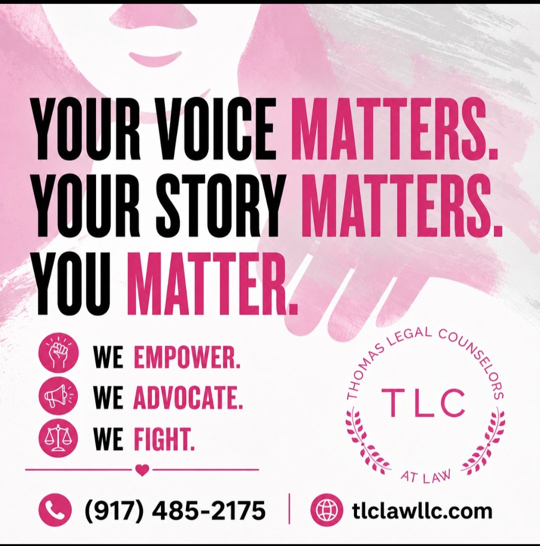 TLCLawLLC's tweet photo. Your voice matters. Your story matters. YOU matter.

TLC Law LLC stands with survivors of sexual &amp; gender-based violence with compassion and relentless advocacy.

💜 We Empower. We Advocate. We Fight.

📞 (917) 485-2175🌐 https://t.co/NcMPjFGLj2

#MeToo #BelieveSurvivors https://t.co/uYe2YCv3Zc