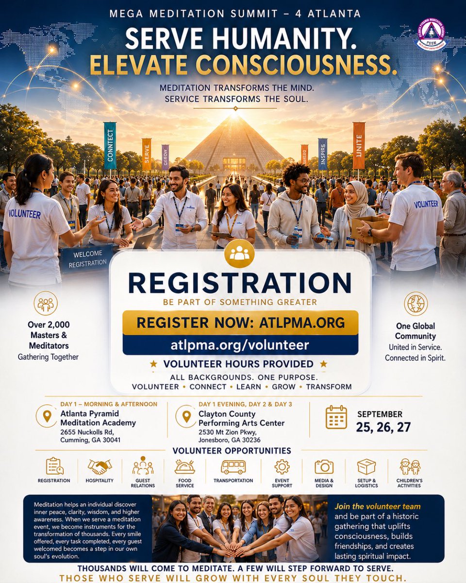 atlpma's tweet photo. 🌍 Volunteers Needed — MMS-4 Atlanta ✨

Join a global meditation gathering focused on mindfulness, wellness &amp; human connection 💚

No experience needed. High school volunteer hours provided.

📅 Sept 25–27, 2026
📍 Atlanta &amp; Jonesboro, GA

Register: https://t.co/kkzlj2tbEo https://t.co/caAl3oqzuM