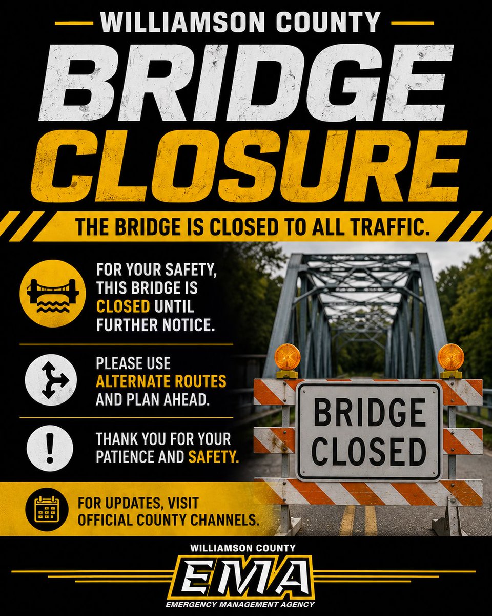 WilliamsonCoun3's tweet photo. Binkley Road will be closed at the bridge between Willow Pond Lane and Third
Street to all through traffic on Monday, June 1st 2026 due to bridge maintenance
work until further notice.

Motorists are encouraged to seek alternate routes while this work is completed. https://t.co/J0U13ZgRH3