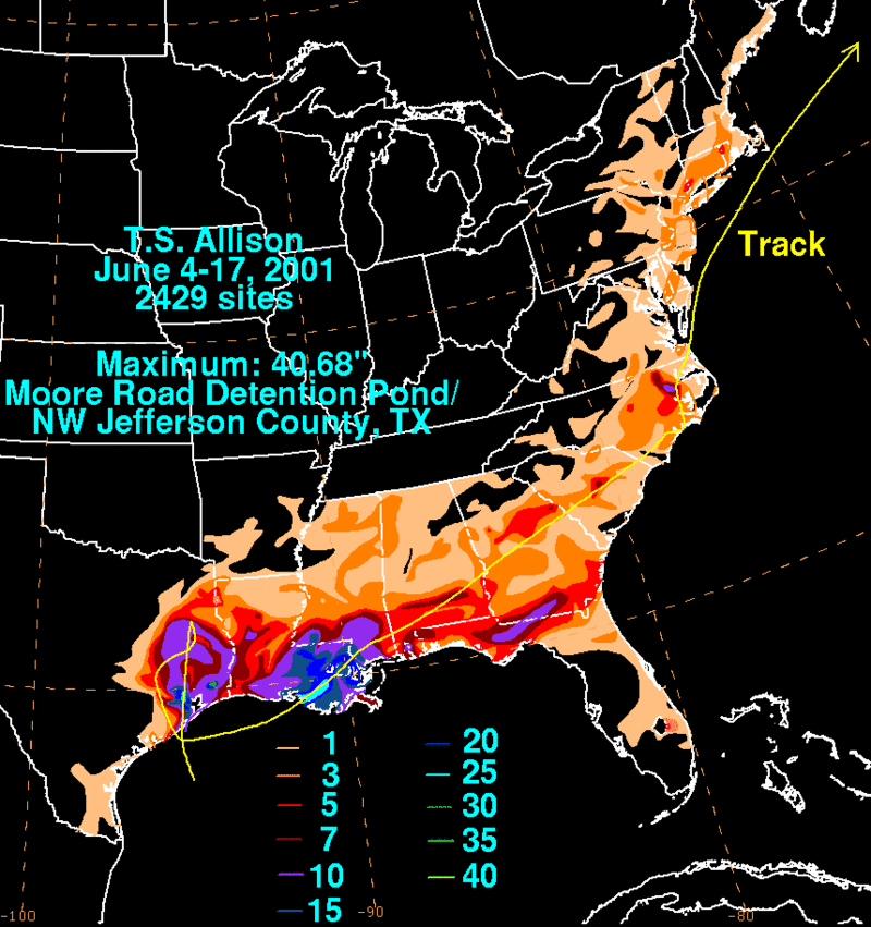 weather_history's tweet photo. June 5-11, 2001:

Tropical Storm Allison impacted the Gulf Coast. The storm dropped close to 40" of rain in Southeast Texas, and over two feet of precipitation fell in Louisiana. 41 people were killed and over $9 billion (2001 USD) in damage was left behind.

#wxhistory https://t.co/iMWQuNi90E
