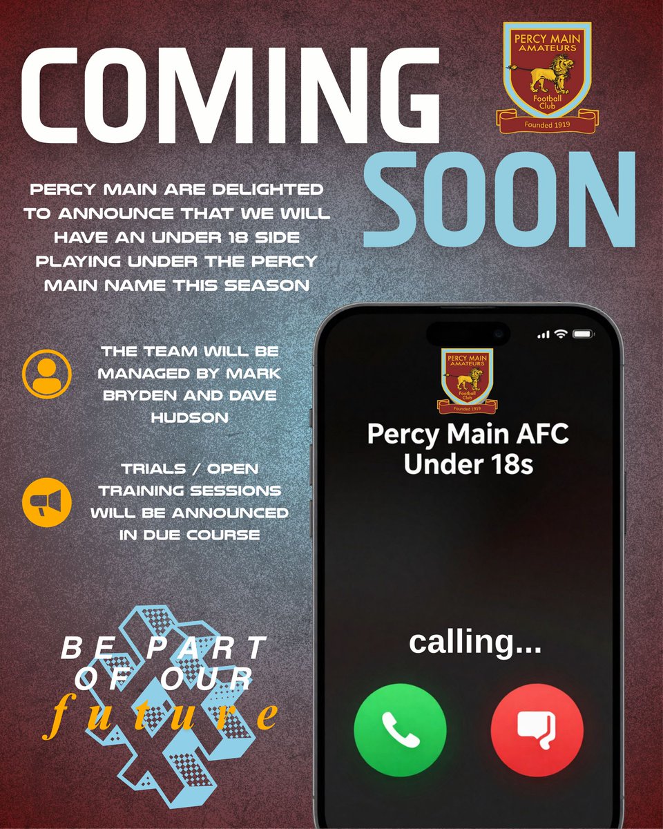 PercyMainAFC's tweet photo. 🔊BREAKING NEWS🔊

PERCY MAIN AFC WILL HAVE AN UNDER 18 SIDE THIS SEASON.  

We are delighted to announce the first introduction of junior football at Purvis Park. 

Watch this space for more details on upcoming Trials

#Bepartofourfuture https://t.co/HQ8Qk5pEWv