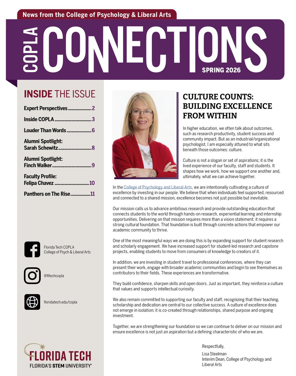 AlumniFLTech's tweet photo. The latest issue of COPLA Connections is here!

Catch up on student achievements, faculty news, alumni updates, and more from Florida Tech's College of Psychology and Liberal Arts. 

Read the latest issue and stay connected with the link below!
https://t.co/Yw9zQ1calR https://t.co/WTgfTeXXjt