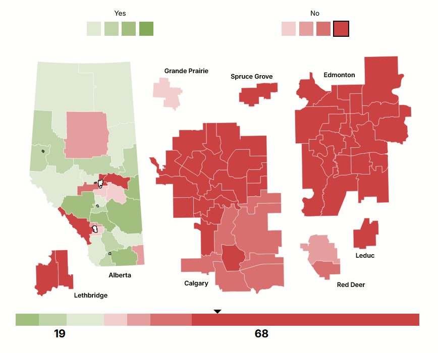 CanadianPolling's tweet photo. Here's how that Alberta separatist map sits on a 60% stay - 35% vote to separate 

No: 68
Yes: 19 https://t.co/MbHrv9Y8S5