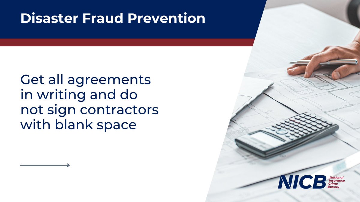 insurancecrime's tweet photo. NICB remains committed to working with our members and law enforcement through consumer awareness initiatives and industry wide collaboration efforts to help combat post-disaster fraud. https://t.co/pqYguGBNRP