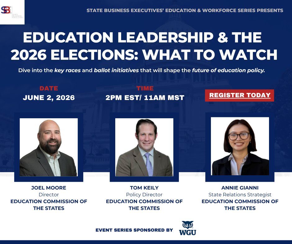StateBizExecs's tweet photo. 2026 is a critical year for education leadership. Which races matter most? Which ballot initiatives are ones to watch? @EdCommission joins SBE on June 2 at 2PM ET/11AM PT to help you navigate it all. Grab your spot: https://t.co/0QVt5r7gDo https://t.co/dg5zFWJ0Tv