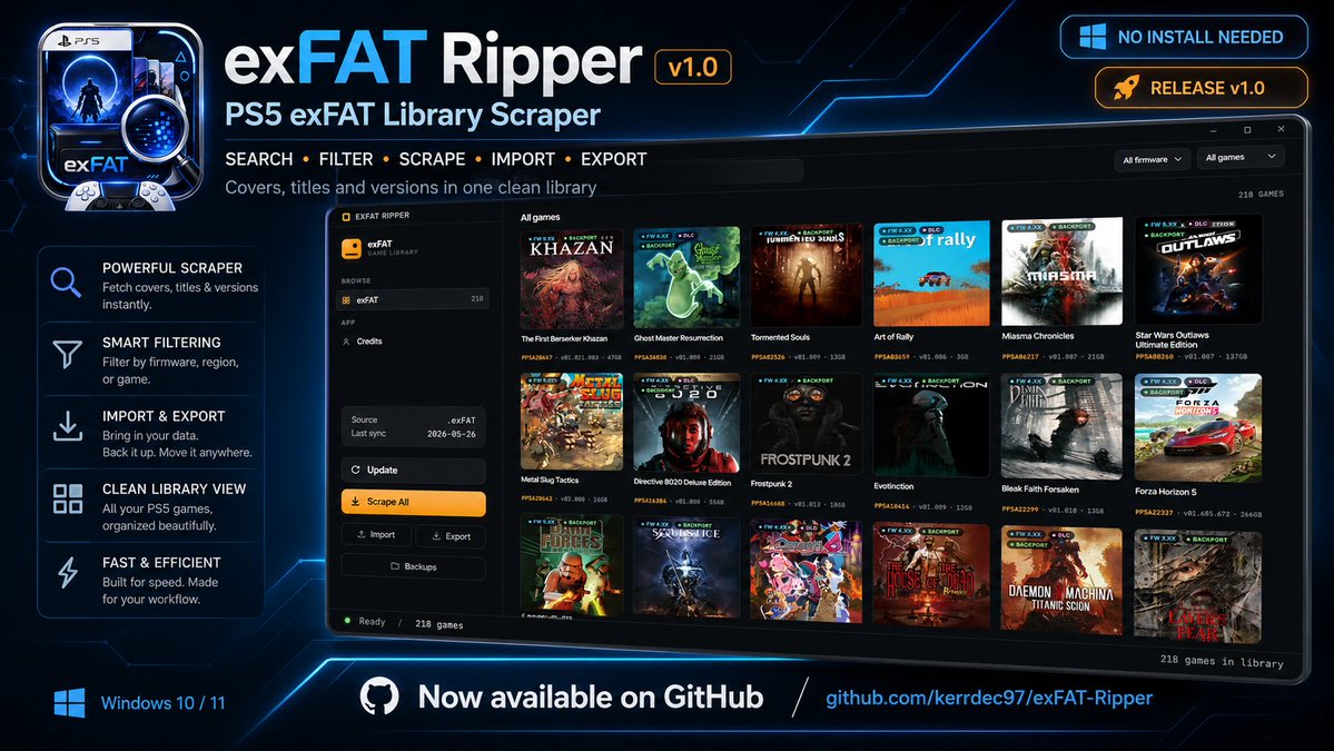 kerrdec97's tweet photo. 🚀 exFAT Ripper v1.0 is live!

Direct Download Links For Exfat image games!

A Windows tool for cataloguing PS5 exFAT libraries: covers, titles, versions, firmware tags, filters, import/export & backups.

No install needed — run the .exe.
Scrape & Download now!
🔗 https://t.co/qJwZoDY3Yo

#PS5 #Windows