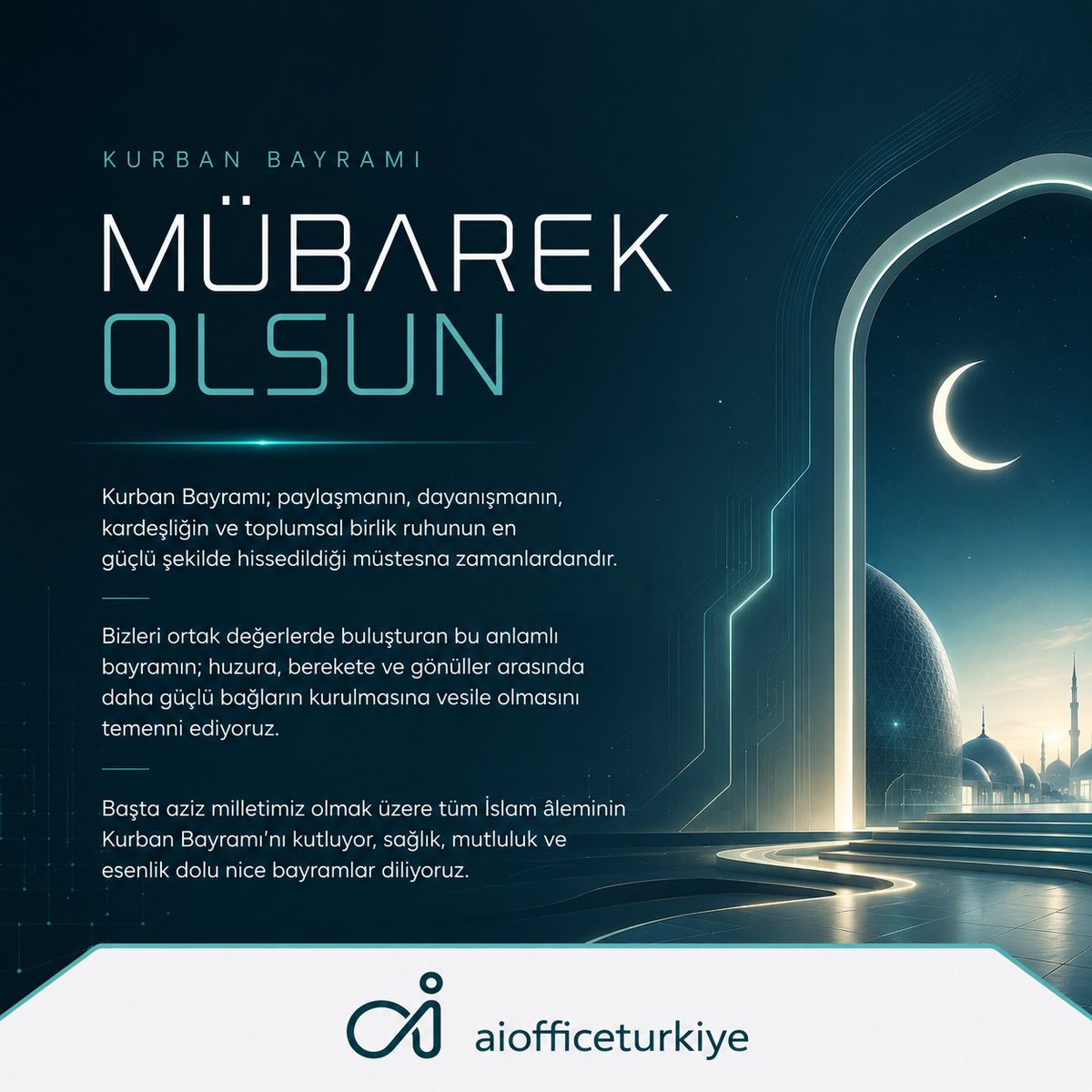 aiofficetr's tweet photo. Kurban Bayramı; paylaşmanın, dayanışmanın, kardeşliğin ve toplumsal birlik ruhunun en güçlü şekilde hissedildiği müstesna zamanlardandır.

Bizleri ortak değerlerde buluşturan bu anlamlı bayramın; huzura, berekete ve gönüller arasında daha güçlü bağların kurulmasına vesile olmasını temenni ediyoruz.

Başta aziz milletimiz olmak üzere tüm İslam âleminin Kurban Bayramı’nı kutluyor, sağlık, mutluluk ve esenlik dolu nice bayramlar diliyoruz.