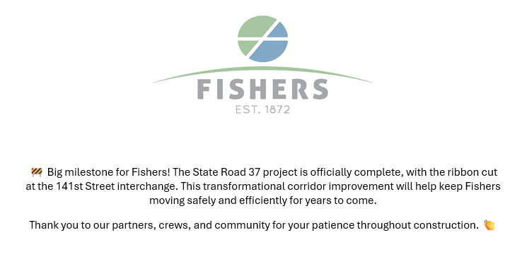 DriveFishers's tweet photo. 🚧 The SR 37 project is complete! Ribbon cut today at the 141st St interchange. Thanks to everyone who helped make this project happen. 👏
 #DriveFishers #FishersIN https://t.co/b7gA9iNJ47