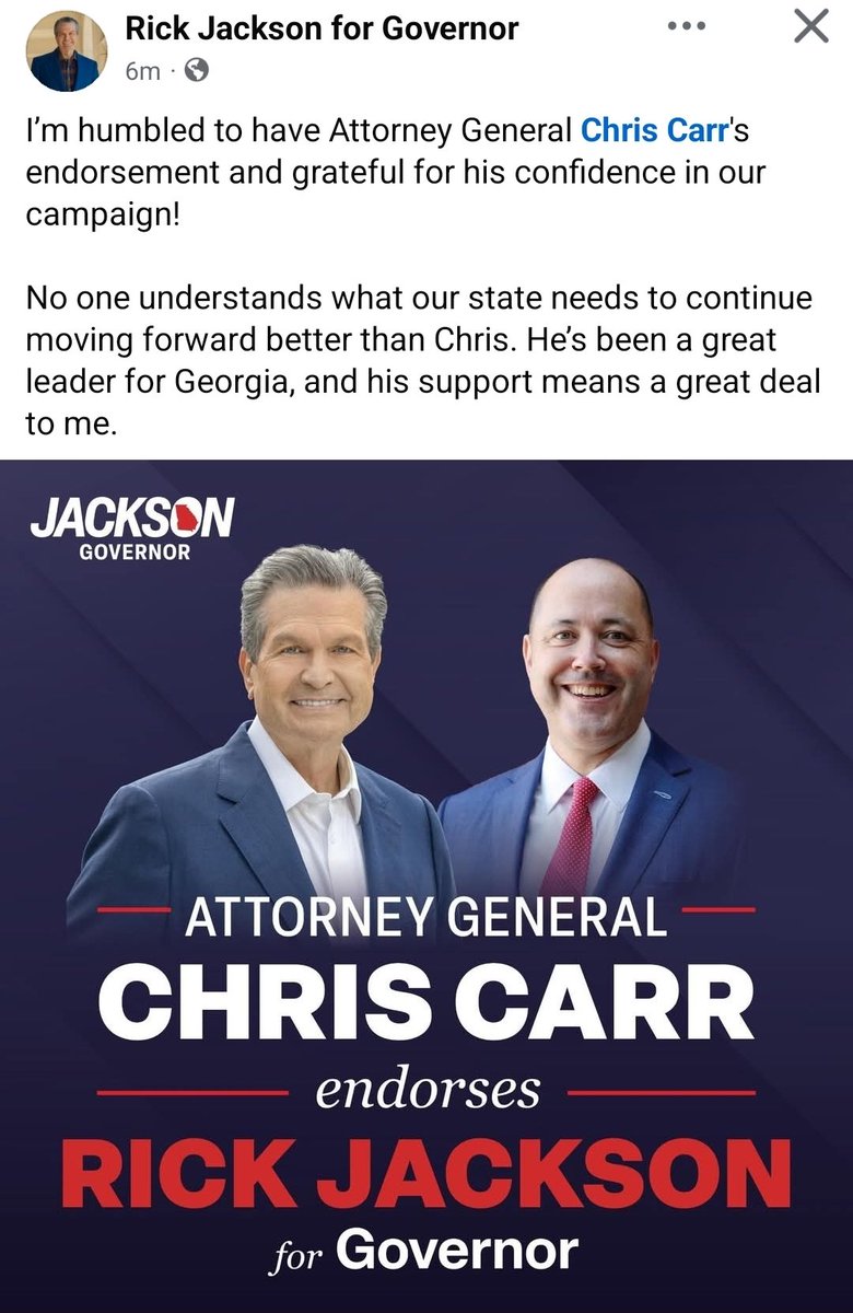 VoiceofRuralAm's tweet photo. If there was any confusion that @RickJacksonGA is a Never-Trumper here is your proff... He is endorsing by Georgia Failed AG @ChrisCarr_Ga 
@burtjonesforga is endorsed by @realDonaldTrump... Rick Jackson is endorsed by Chris Carr... Need i say anymore... But I will... remember when Carr and Jackson pulled off that rehearsed stunt at the debate... that didn't work....