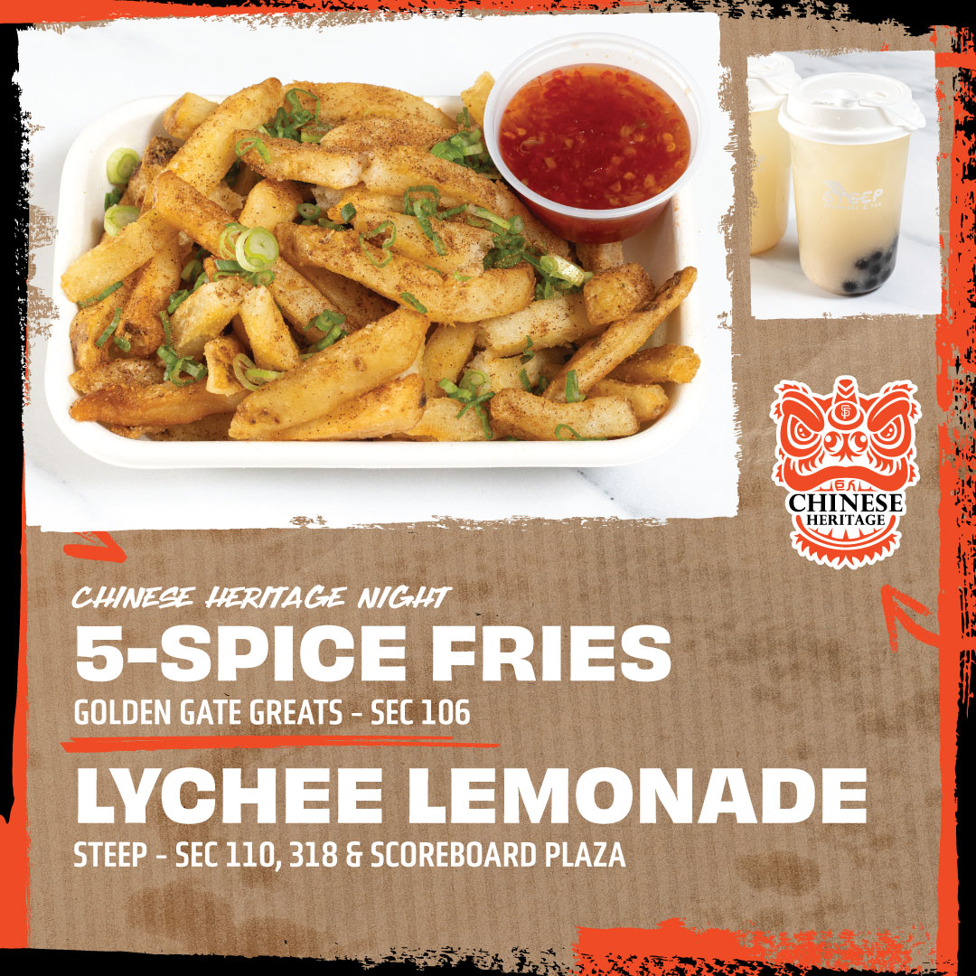 OracleParkSF's tweet photo. It's Chinese Heritage Night! Stop by Golden Gate Greats in Section 106 or any STEEP location to try our 5-Spice Fries and Lychee Lemonade. Tonight ONLY. 🐲 https://t.co/9WAozu906y