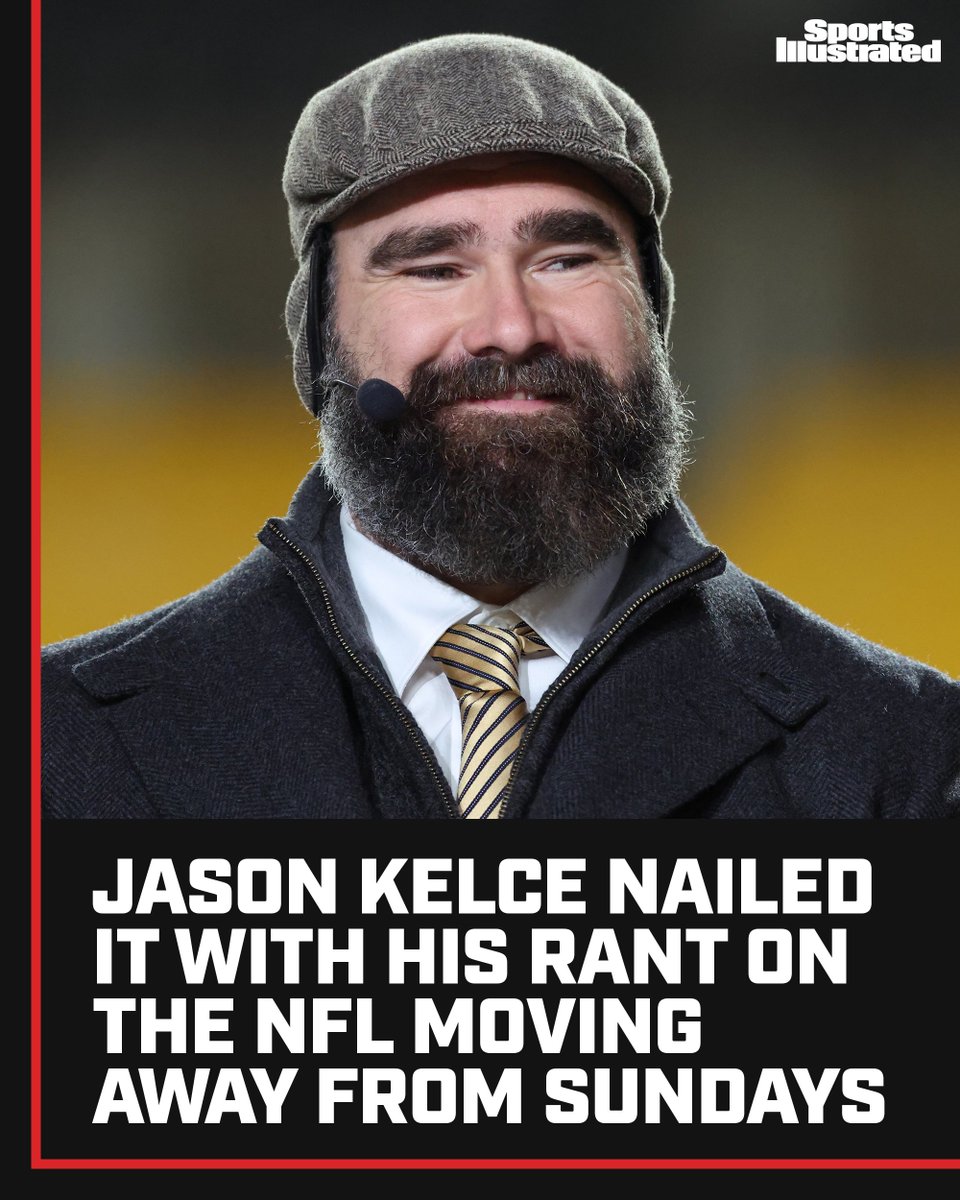 SInow's tweet photo. Jason Kelce made his feelings on the lack of Sunday football on the 2026 schedule clear while speaking about the upcoming NFL season https://t.co/DmREc2F6PE