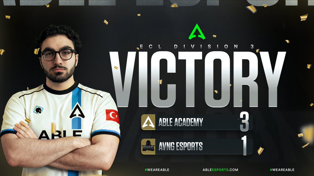 ABLE_COD's tweet photo. VICTORY ⚔️
ABLE ACADEMY take the win in our second match of
@EuCompLeague
🆚 AVNG Esports
✅ 3-1
A hard fought series, but the boys close it out and secure the win.

Strong mentality, big composure, and a proper way to start building momentum.
GGs to @AvngEsports https://t.co/WADdZM3qwA