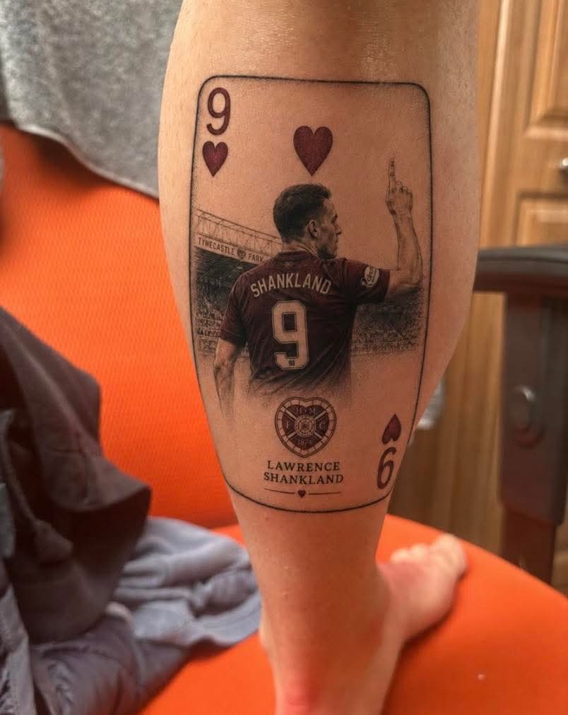 JGlasgowCelticK's tweet photo. 😂😂😂😂 This hearts fan had this tattoo of striker Shankland done less than a month ago. He signed for sevco today 👀 https://t.co/j7wVQxnMqO