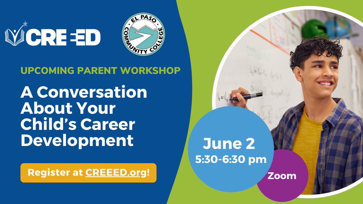 CREEEDorg's tweet photo. π PARENTS: Donβt miss our upcoming #ParentWorkshop with @EPCCNews on Tuesday, June 2 at 5:30 pm ππβ¨ Join us to learn how you can help support your childβs future success β register today π https://t.co/yd3PDMfinH https://t.co/8ErK3epGhn