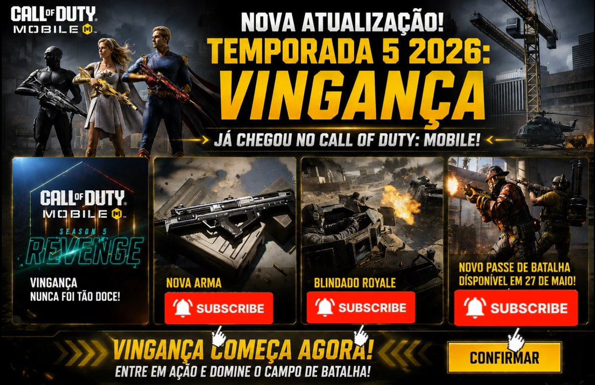 MbmGamer's tweet photo. 🚨 A atualização da Temporada 5 já chegou no Call of Duty: Mobile! 🔥 Mas calma… o Passe de Batalha e as grandes novidades chegam dia 27 de maio 👀⚡ Quem já está no hype da temporada VINGANÇA? 💀🔥 #mbmgameroficial #mbmgamer #codmobile #codm  #temporada5 #vinganca #battlepass https://t.co/91GtRbao5U