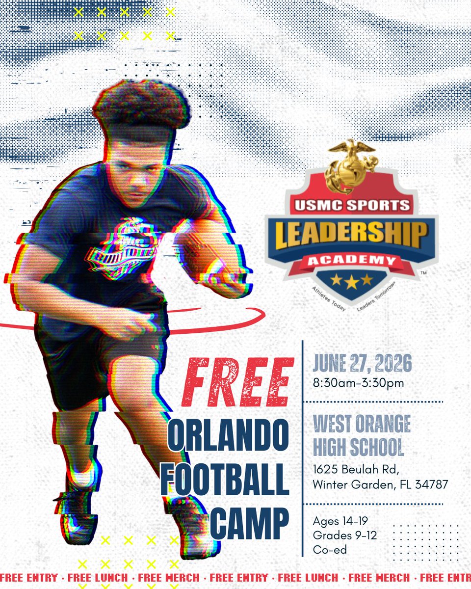 USMCSLA's tweet photo. We’re officially 1 month away from our FREE co-ed football camp on June 27th. Compete, train, and grow with the U.S. Marines by your side. 

📅 June 27, 2026 |⏰8:30AM -3:30PM |📍West Orange High School
For high schoolers (ages 14-19). 

🔗 https://t.co/A82ljxhNHd https://t.co/pQFvvbzKqS