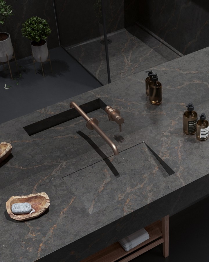 Silestone's tweet photo. Turn your bathroom into a sophisticated retreat with Parisien Bleu: deep blue tones and metallic reflections inspired by Imperial Roman stone and the charm of Paris ✨ Discover more at https://t.co/fy5gGOKqcR https://t.co/dbsQE8a6En