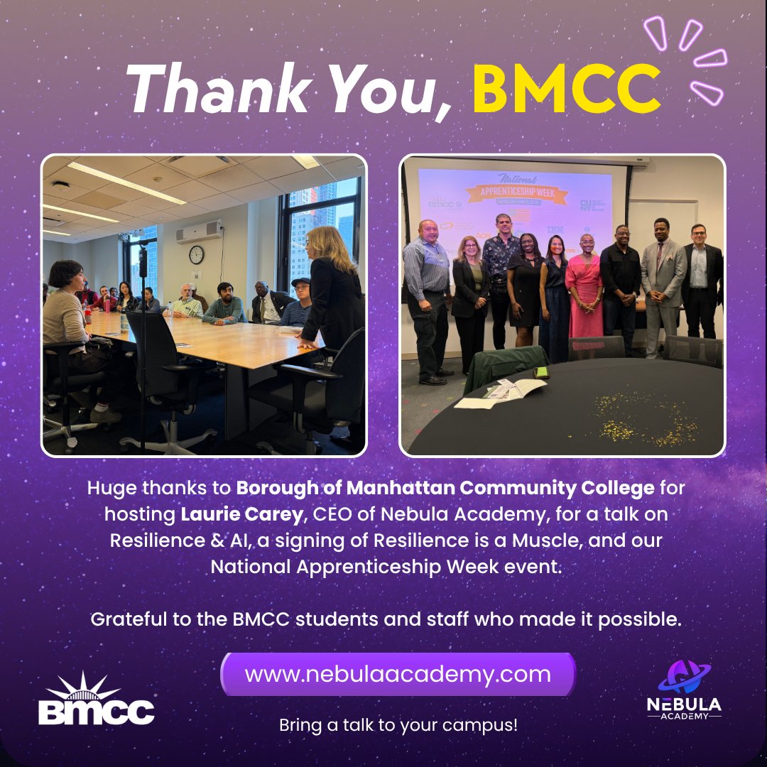 LJCoach's tweet photo. Grateful to @BMCC_CUNY and Steve Nunez for the warm welcome! 💙

Amazing to see students engage with Laurie Carey’s conversation on Resilience &amp; AI, plus a fantastic book signing. 

Proud for Nebula Academy to also join BMCC’s Apprenticeship Event.

#AI #Resilience #FutureOfWork https://t.co/vTDyDaNFzT