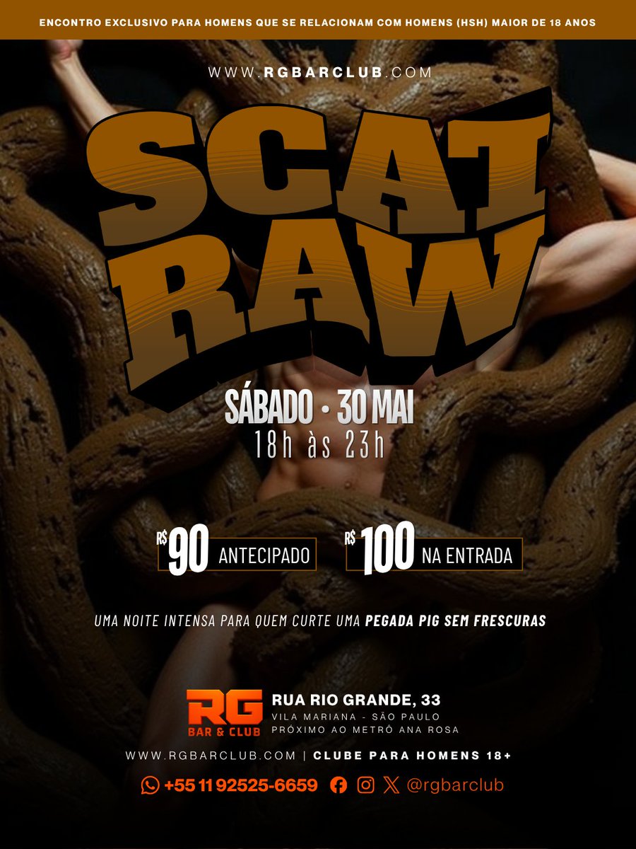 rgbarclub's tweet photo. SÁBADO | 30/05 | 18h às 02h | 💩 SCAT RAW

💵 R$90 - Antecipado 👉 https://t.co/pLlqH7UjcM
💵 R$100 - Na Entrada

👉 Dress: Pelado ou de cueca

🔗 Comunidade: https://t.co/gFBH3C9eEk

#RGBarClub #BarGaySP #SPGay #GuiaGaySP #CruisingGay #SaoPauloGay #NakedBar #FetishNight https://t.co/p4G3y0pyeH