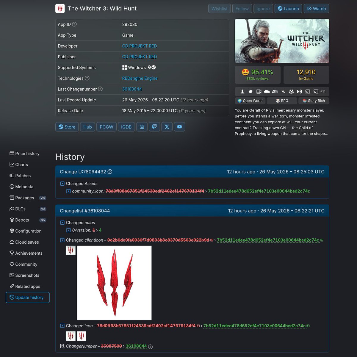 Chaoxfhy's tweet photo. Witcher 3 SteamDB Changes and Updates 2 days before the RED Stream and CDPR Fiscal Call.

I'm not an expert with SteamDB but ive checked Witcher 3 on here before frequently and ive never seen such a "change" like this.

Thanks to @Thomassik22 for pointing it out first. https://t.co/rE1Cy1Kb4Z