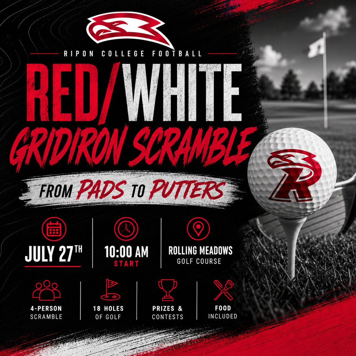 RiponRedHawkFB's tweet photo. FROM PADS TO PUTTERS 🏈⛳️

The 1st Annual Red/White Gridiron Scramble is set for July 27 at Rolling Meadows Golf Course!

Join Ripon Football alumni, parents, fans, and coaches for a great day on the course supporting Red Hawks Football.

#BeRed🔴⚪️

https://t.co/EQ0FiL5bJr https://t.co/JB0BSGaZUX