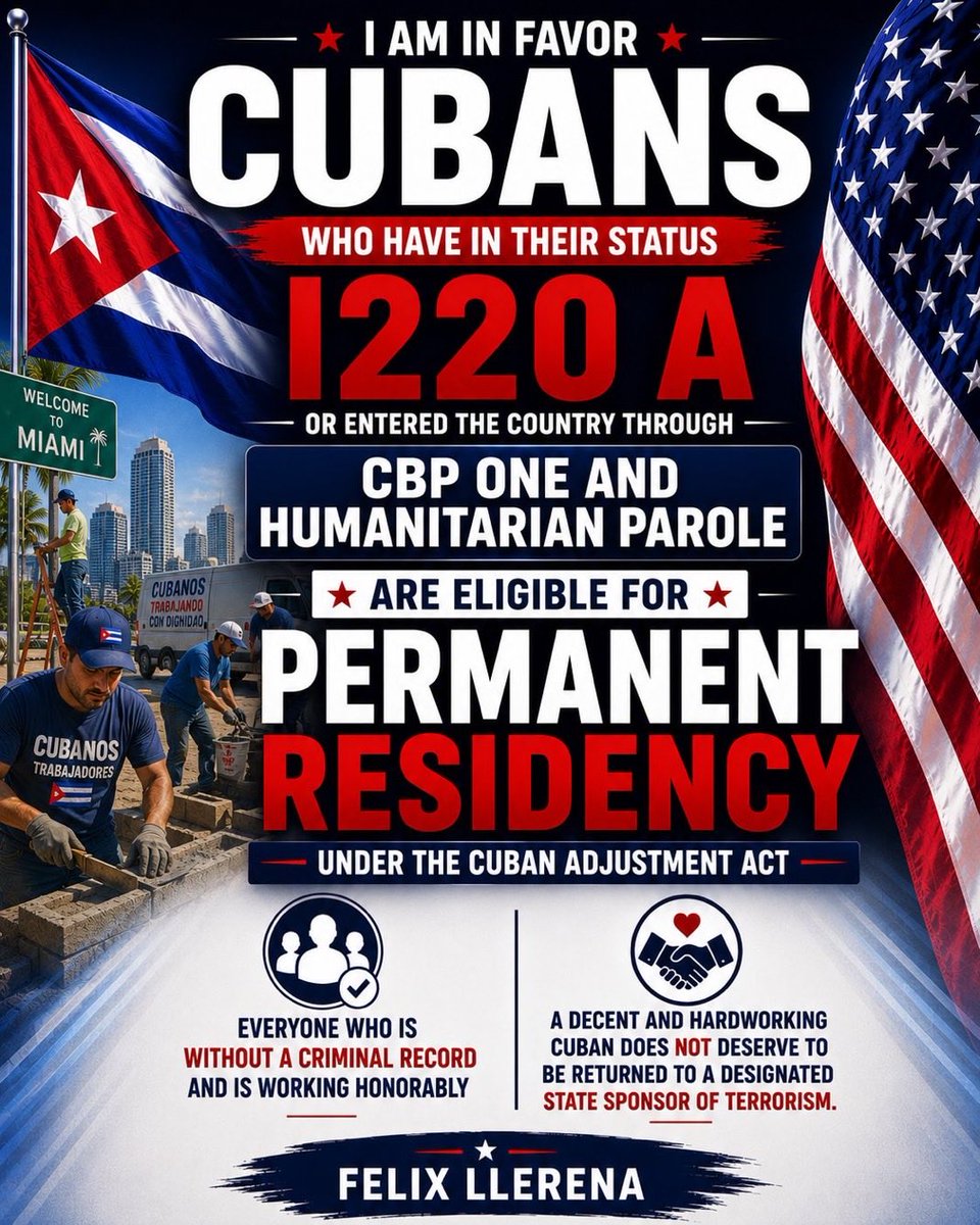 JoeGarcia's tweet photo. #Cubans with #I220A status, #CBPOne, and humanitarian parole who are working honestly and have no criminal record deserve permanent residency under the Cuban Adjustment Act.
@EmbaCubaUS @USEmbCuba @edelstudio @HugoCancio @CiberCuba @MillieHerrera @Nelidafara @23yflagler @RepMariaSalazar @RepCarlos @MarioDB @USLatAmEnvoy @ChrisSabatini @TheFHRC @vozdelafnca @dmorca @FelixLlerenaCUB @justfp @Ginamontaner @ngameztorres @IleanaGarciaUSA @JasonPoblete @LeonKrauze @Kelley4Florida @lianystr @TonyCostaReal @leivamiriam @nmasUnivision23 @pmmonreal @wsvn @OnCuba @viaSimonRomero #Cuba #Miami