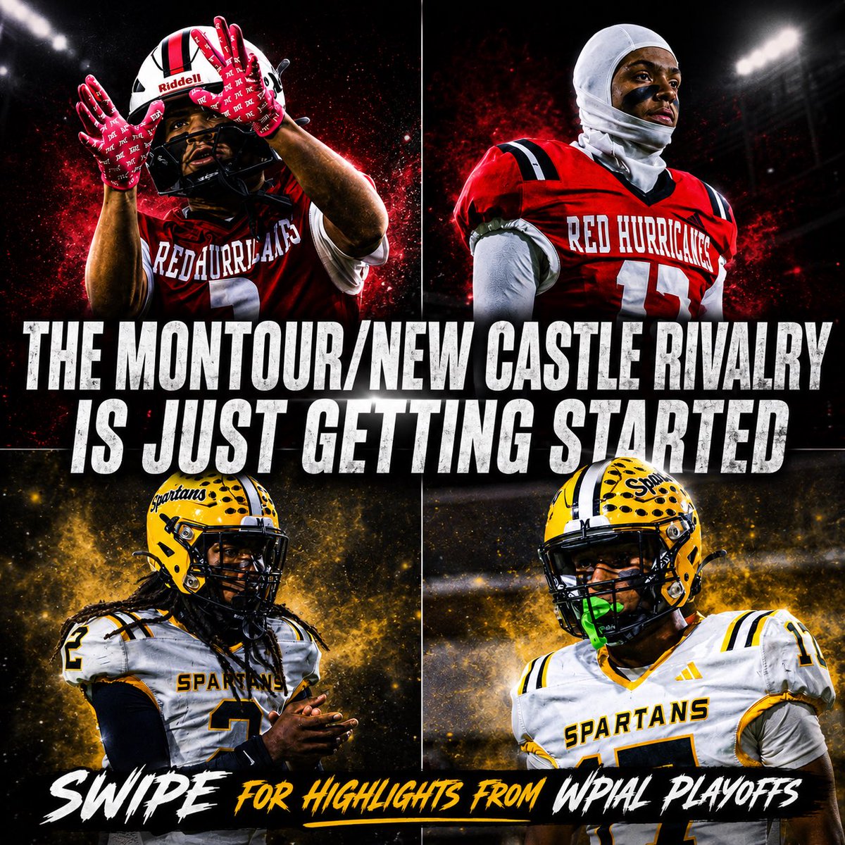 PA_TodaySports's tweet photo. The Montour vs New Castle rivalry is just getting started… The Red Hurricanes and Spartans faced off 2X last year and it was AWESOME. 

WPIAL PLAYOFF HIGHLIGHTS ⬇️

#WPIAL https://t.co/s4E8Q9ngeB