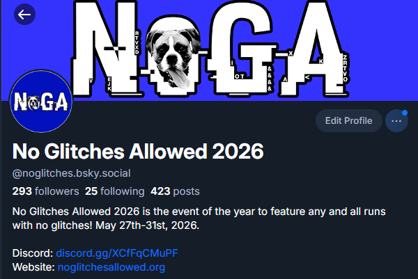 NoGlitches's tweet photo. Just a reminder that NOGA has switched over to Bluesky temporarily, and all posts regarding No Glitches Allowed 2026 will only be sent there. Please go follow us over on Bluesky, and check out the pre-show on the NOGA Twitch Account. Links below. https://t.co/9pH9vQo3HT