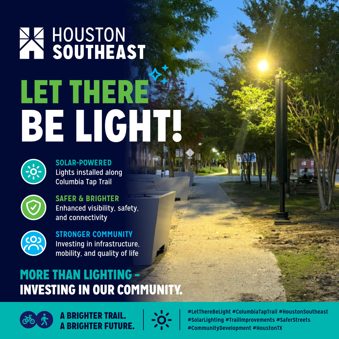 Houston_SE's tweet photo. The new solar lights along the Columbia Tap Trail are officially installed and shining bright.

These improvements enhance safety, visibility, and connectivity while creating a more welcoming experience for walkers, cyclists, residents, and visitors throughout Houston Southeast. https://t.co/0WhiUq5kG4