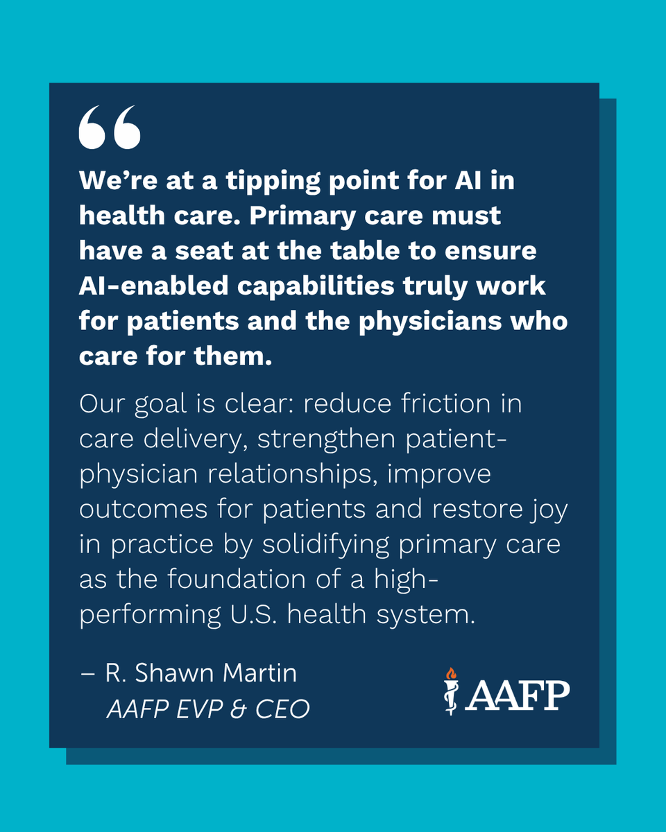 aafp's tweet photo. AI is at a tipping point in health care. The AAFP’s launched the Primary Care Innovation Network to bring family physicians, health systems and technology leaders together to ensure AI tools are practical, trustworthy and built for real-world care. And most importantly, that family physicians are at the center of how AI shapes the future of primary care: https://t.co/GcFK5BRHmh