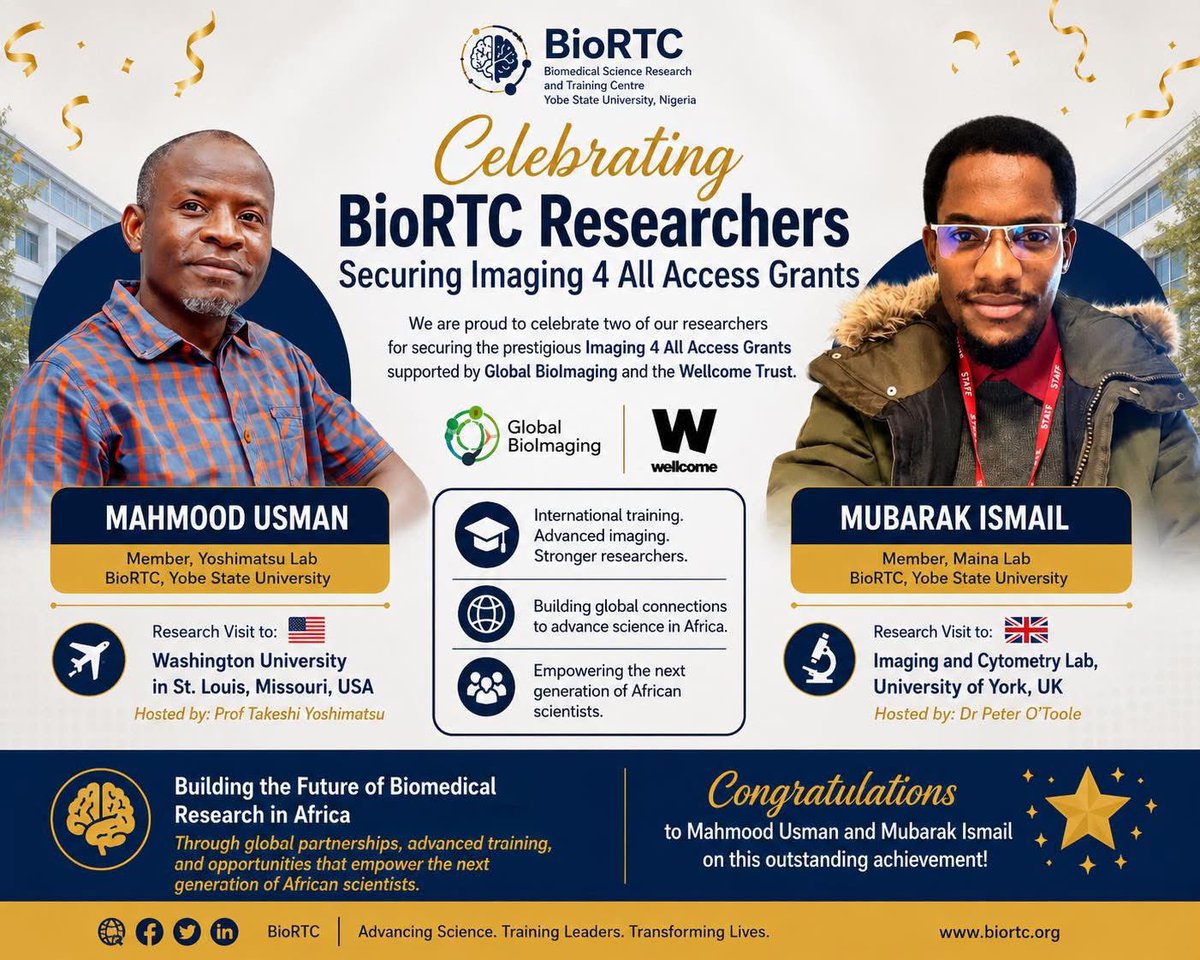 Mubarak181810's tweet photo. Another achievement attained: securing the Imaging 4 All Access Grant, through which I will be visiting the United Kingdom 🇬🇧 for my research. A big thank you and appreciation to our Director Prof. @mahmoudbukar, for providing us with the enabling environment at the @BioRTCNig https://t.co/ShlFy8dtj4
