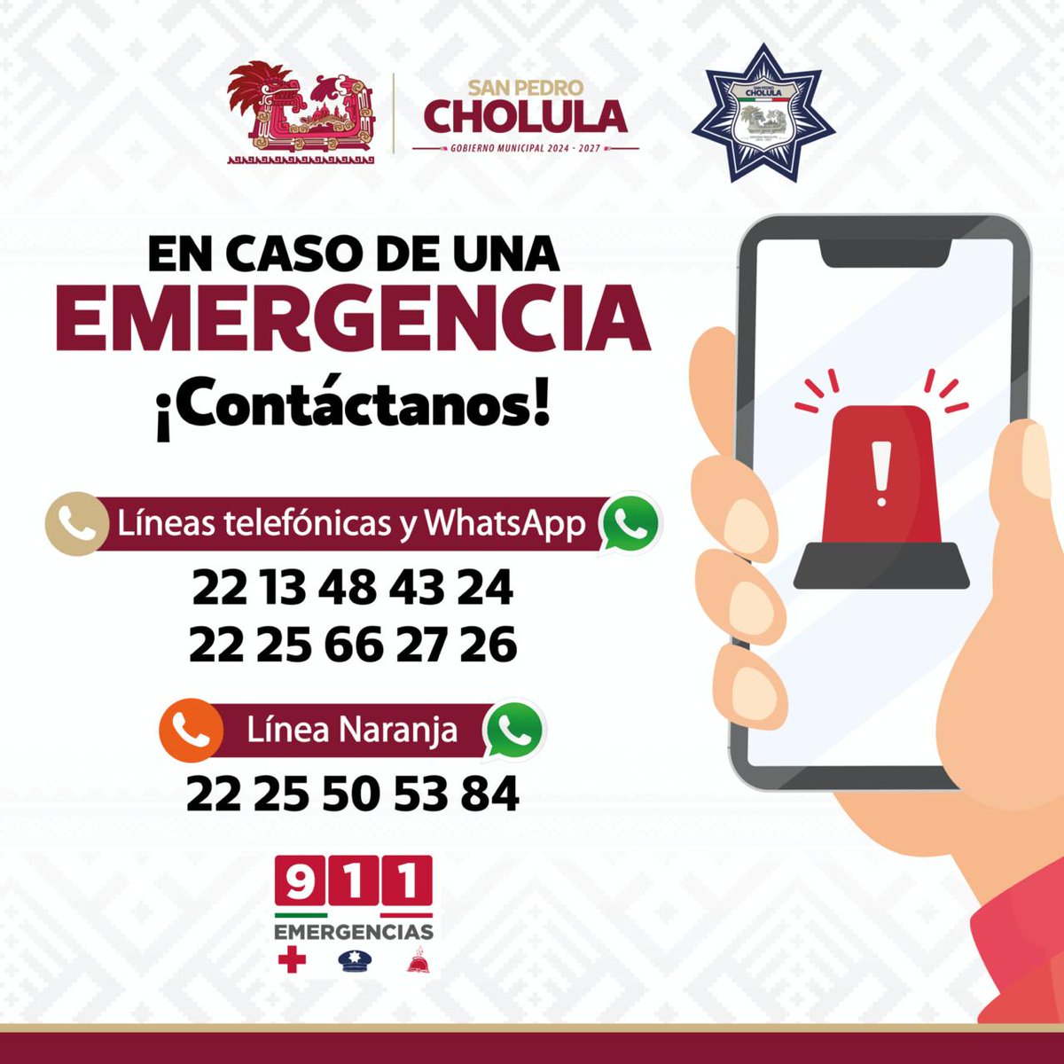 SSC_Cholula's tweet photo. La SSC Cholula trabaja las⏱️24 hrs. para brindar protección a las familias cholultecas.

Conoce los números de 🚨 emergencia locales:

📲Línea telefónica y WhatsApp: 22 13 48 43 24
22 25 66 27 26.

🧡Línea Naranja: 22 25 50 53 84

✅¡Úsalos responsablemente! https://t.co/RHJHZEcAkm