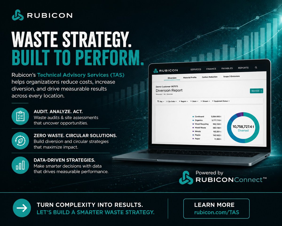 Rubicon's tweet photo. Waste strategy should do more than check a box. It should drive measurable results.
 
Rubicon’s Technical Advisory Services (TAS) helps organizations uncover opportunities across their waste and recycling programs through detailed audits, diversion strategies, recycling optimization, and custom sustainability planning.
 
From reducing landfill waste and managing hard-to-recycle materials to building scalable zero waste programs, our team turns operational challenges into actionable insights and long-term performance improvements.
 
Backed by data, reporting, and hands-on expertise, TAS helps businesses make smarter decisions across every location.
 
Learn more: https://t.co/ekm0SxIP9z
 
#Rubicon #WasteStrategy